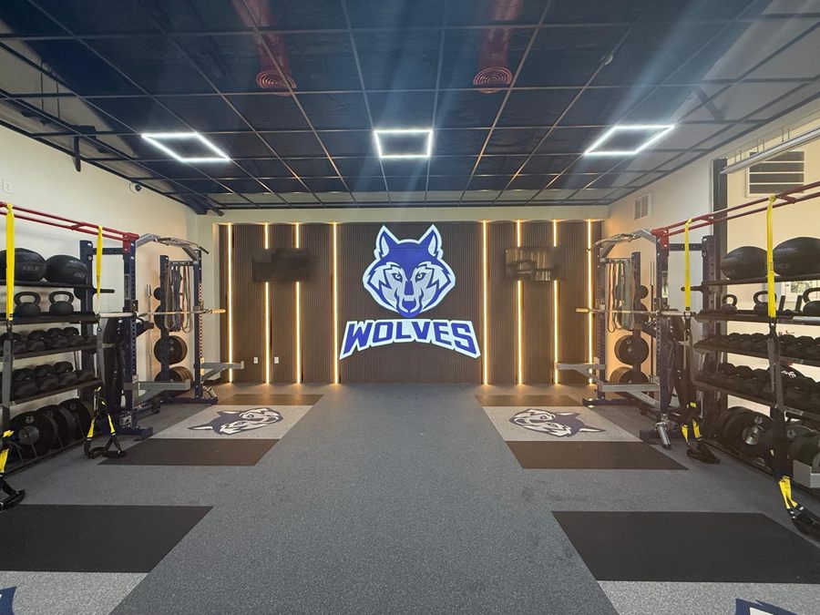 Looking down the aisle between two runs of racks to the lit Wolves wall