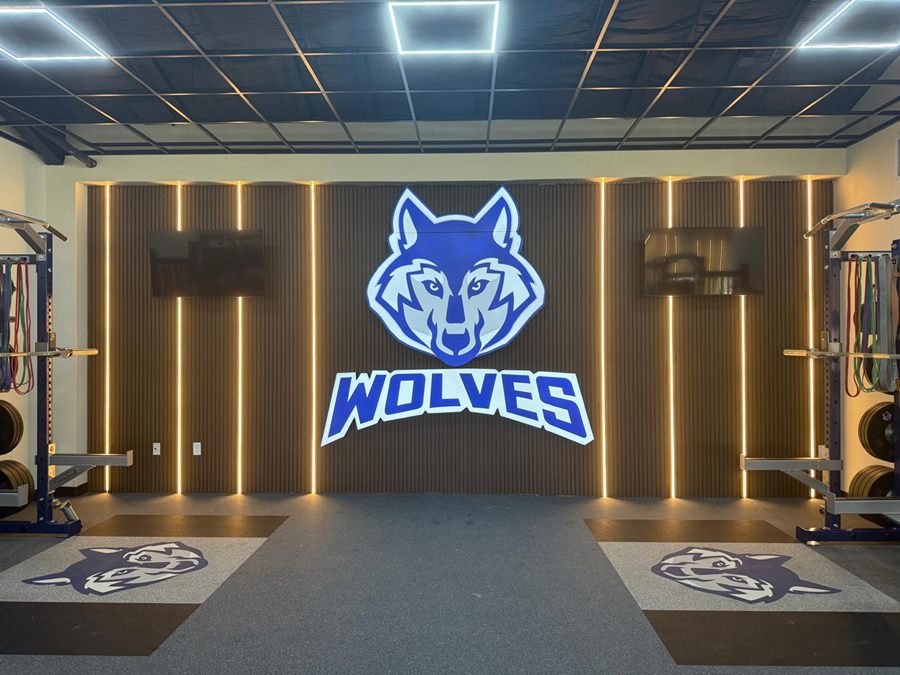 The Wolves wall head-on: slatted panels with vertical light lines, the illuminated logo between two screens
